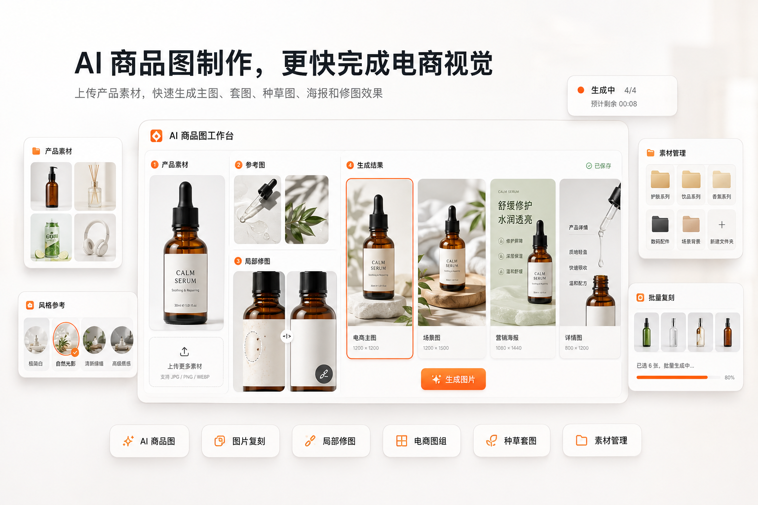 AI 商品图片创作工作台，支持电商图组、种草套图、营销海报与图片修图